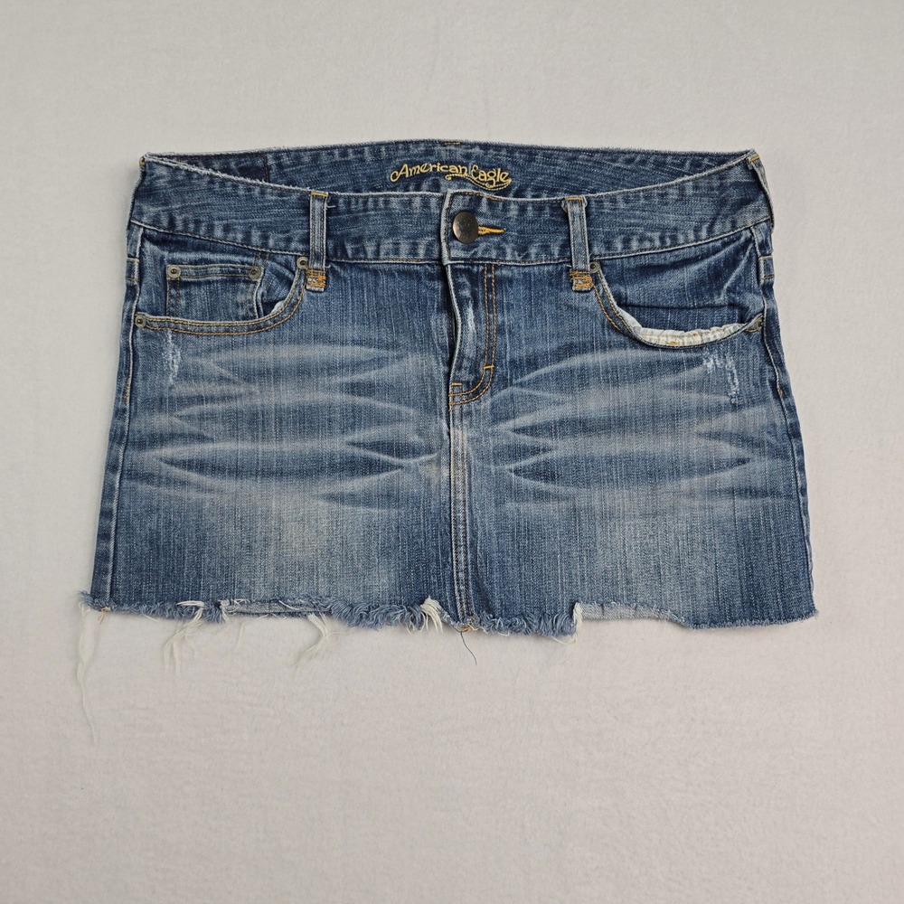 Vintage Y2K American Eagle Denim Skirt Blue Distressed Frayed Hem micro mini 12